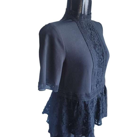Zara Black Lace Detailed Short Sleeve Top with Peplum Hemline S - Picture 3 of 7